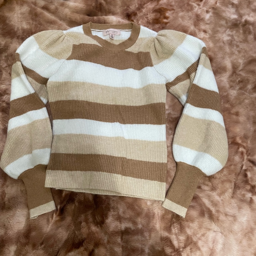 Philosophy Brown and Cream Crew Neck Sweater with Stripes